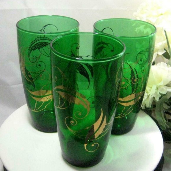 3 vintage Tumblers emerald green w/ gold leaves